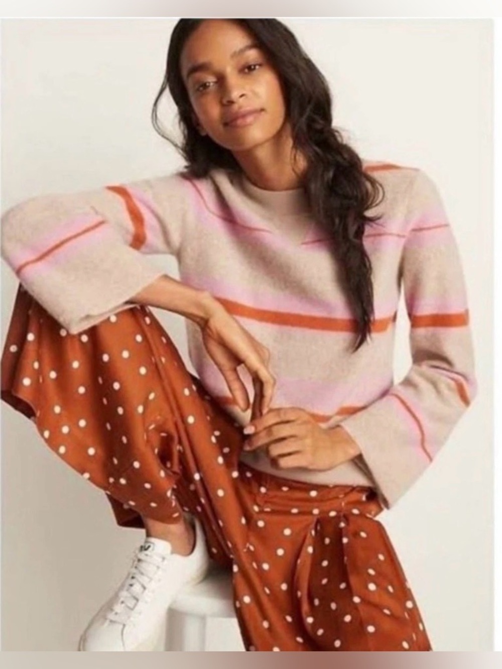Anthropologie wide-leg palazzo brown polka dots pleated pants, Size Large - Picture 6 of 6